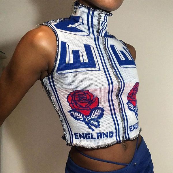 

women's tanks & camis women summer tank fashion sleeveless high collar letter flowers printed slim vest bottoming for ladies street, White