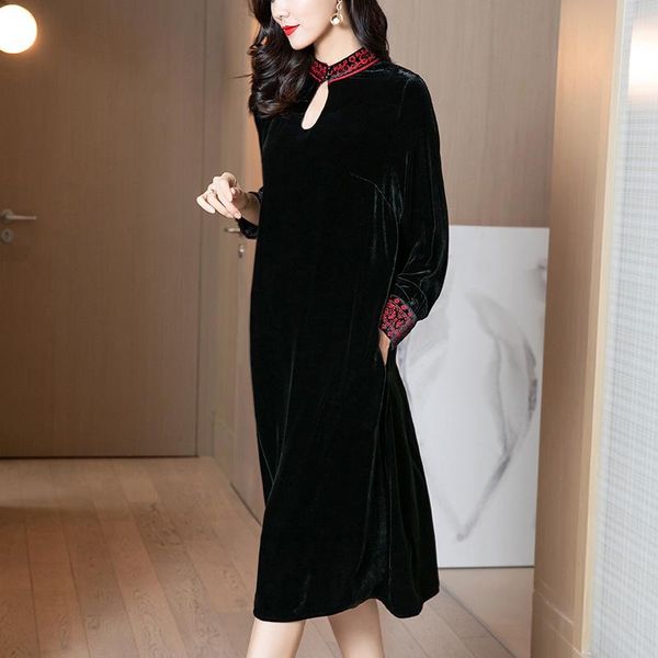 

roy real velvet dress women's 2021 spring new original heavy industry embroidered real silk velvet loose black, Black;gray