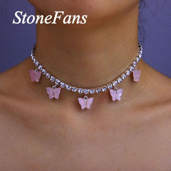 

pendant necklaces stonefans fashion tennis choker cute pink butterfly necklace for women colorful rhinestone jewelry, Silver