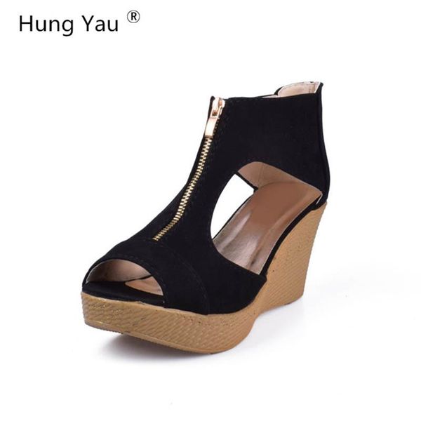 

sandals hung yau summer shoes woman platform women soft leather casual peep toe gladiator wedges zapatos mujer, Black