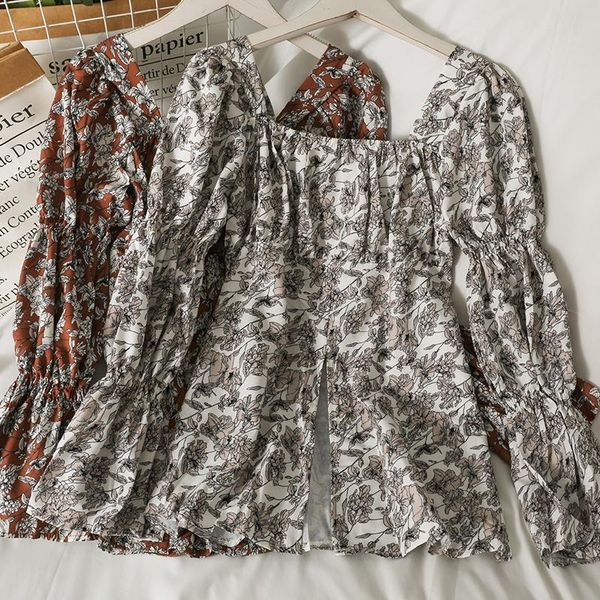 

women's blouses & shirts 2021 fall retro printed square collar folded shirt blouse slit slim flared sleeve womens blusa feminina, White