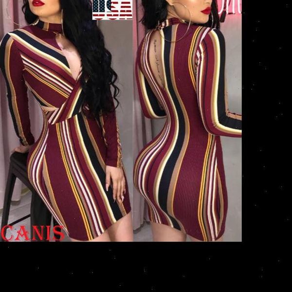 

2021 womens stripe o neck long sleeve bodycon evening party backless short mini dress mix color striped dress, Black;gray