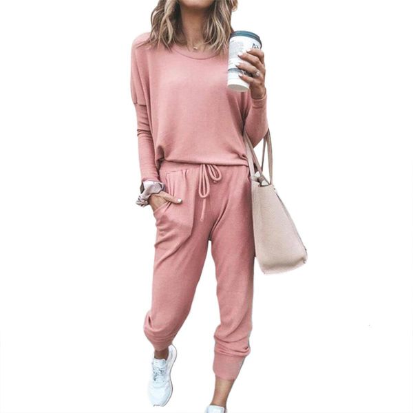 

women casual 2 piece set 2021 autumn two piece long sleeve loose o neck pullover sweatshirt sweatpants solid suit sportswear, Gray