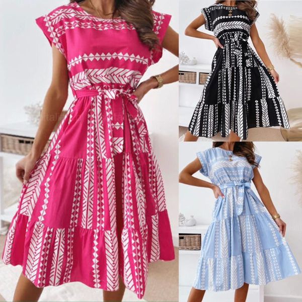 

casual dresses plus size women midi fashion o-neck short sleeve printed beach dress sundress female summer vestido playa, Black;gray