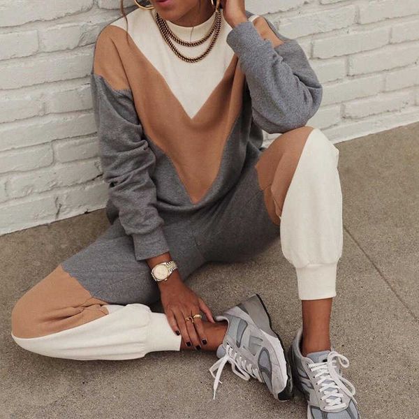

casual women sport tracksuits fashion splicing print two piece sets sweatshirt and loose long pants jogging suit for female 210709, White