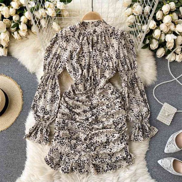 

spring summer print mini dress women long puff sleeve stand collar high waist ruched bodycon slim party vestidos 210603, Black;gray
