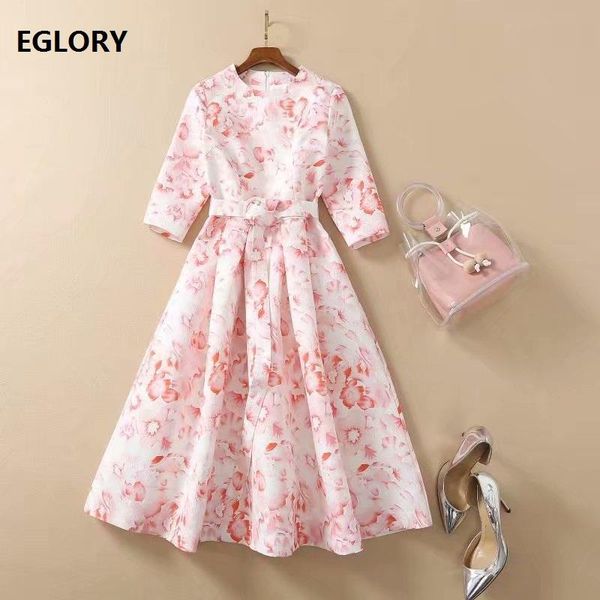 

ball gown dress new 2021 spring summer fashion runway women o-neck charming floral print half sleeve mid-calf party lady dress, Black;gray