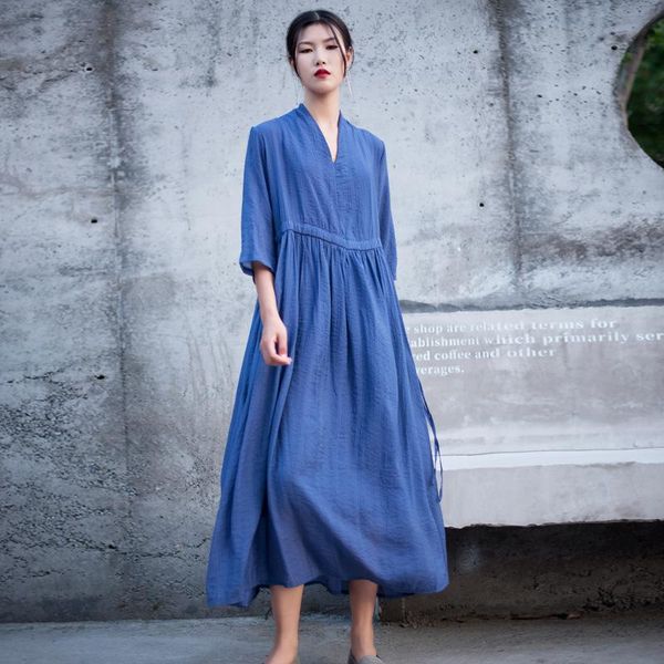 

casual dresses qpfjqd ladies tencel cotton dress v-neck three quarter sleeve 2021 summer autumn women comfort belt solid color, Black;gray