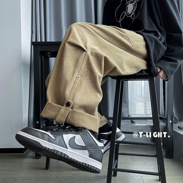 

men's pants large pocket cargo korean version of oversized casual fashion wide-leg hip-hop trousers, Black