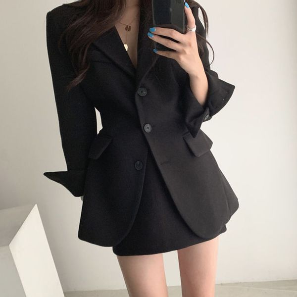 

2021 korean chic spring womens blazer turn-down collar single breasted simple long sleeve woolen suit coat zc128, Black;brown