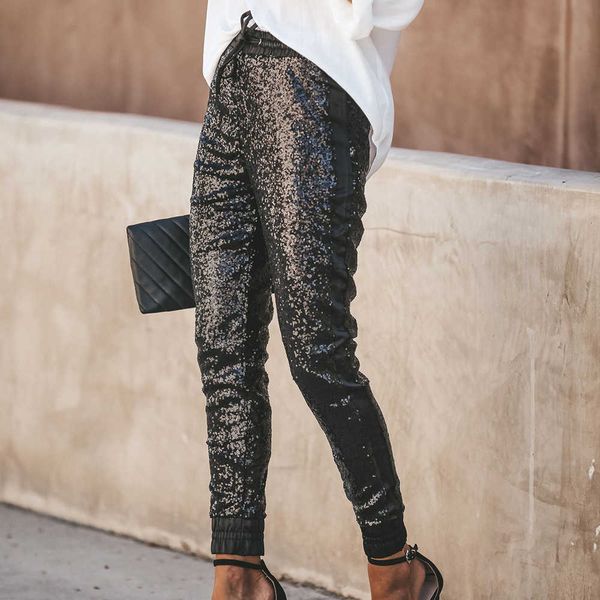 

women stretch pu sequin pants drawstring lady streetwear ankle length pencil pants night club wear fashion glitter trousers 210709, Black;white