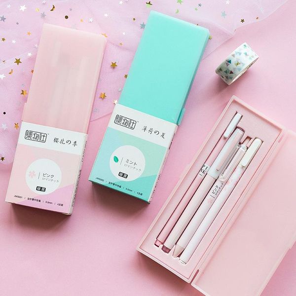 

gel pens 4pcs pen box set sweet pink cherry mint green pencil case 0.5mm ballpoint black color ink writing school office f013