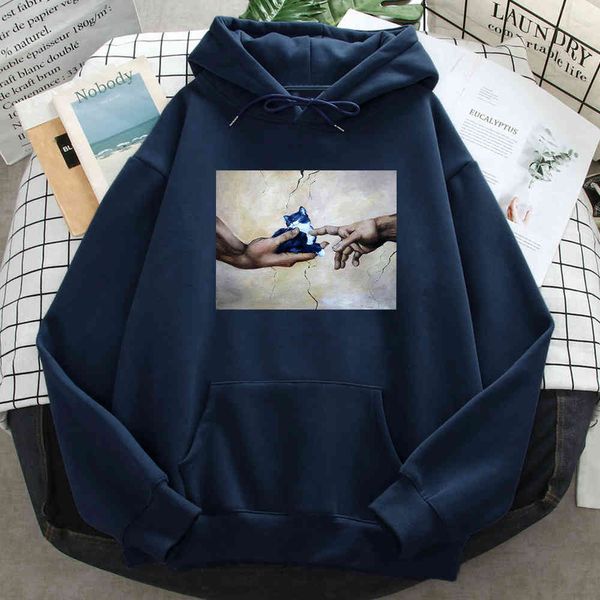 

men's cat hooded sweatshirt, casual loose hooded sweater, street fashion hip-hop clothing, autumn and spring wool sweatshirt, Black