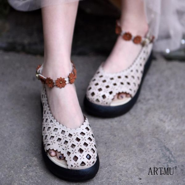 

sandals artmu original flat platform women shoes thick heel genuine leather open toe hollow out flowers fish mouth ladies, Black