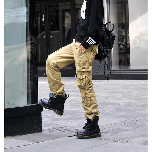 

women's pants & capris cotton cargo leisure trousers more pocket size 28-38 women, Black;white