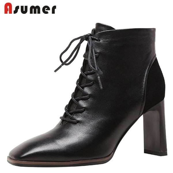 

boots asumer 2022 arrival cow leatehr shoes lace up zipper ankle square heels ladies winter fashion, Black