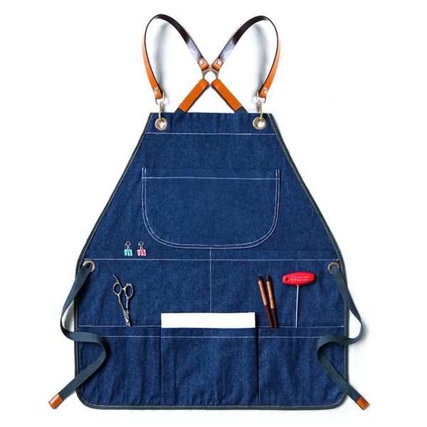 

aprons 4xfa denim canvas apron cross back adjustable chef multi-pocket sleeveless