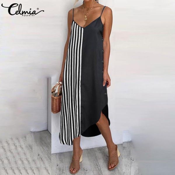 

casual dresses celmia summer dress women striped patchwork maxi sleeveless beach party spaghetti strap v-neck long vestidos 7, Black;gray