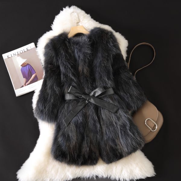 

2021 women autumn winter new fashion clothes real jacket female natural fox fur coat ladies casual slim outerwear l8486pq6, Black