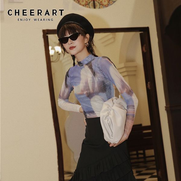 CHEERART T-shirt a collo alto in maglia da donna See Through Top trasparente trasparente T-shirt a maniche lunghe con stampa vintage Abiti autunnali 210302