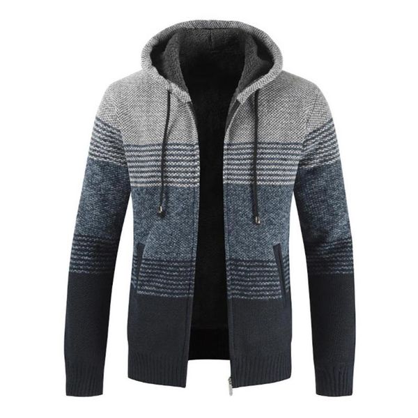 

men's jackets 65% dropautumn and winter cardigan striped zipper plush lining jacket hooded sweater coat, Black;brown