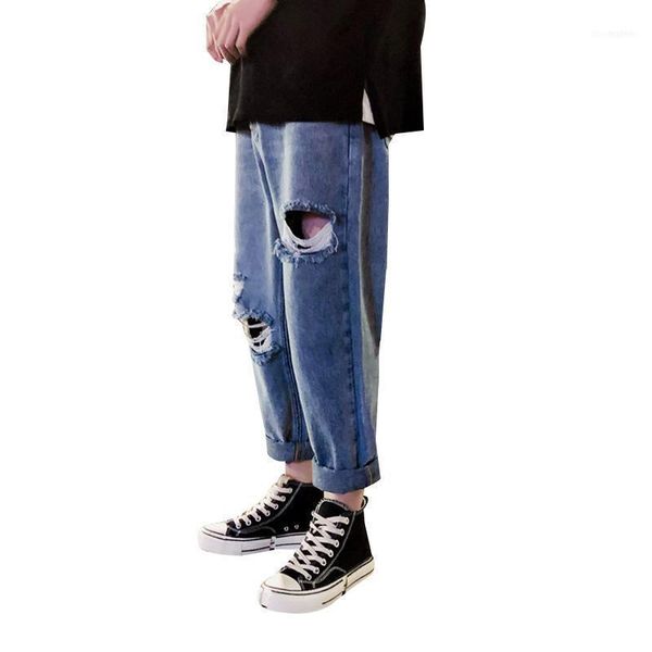 Homens jeans atacado 2022 homens rasgados tendência tornozelo comprimento riscado marca pingente pingente grande perna reta calças soltas bf mendigo pai pants1