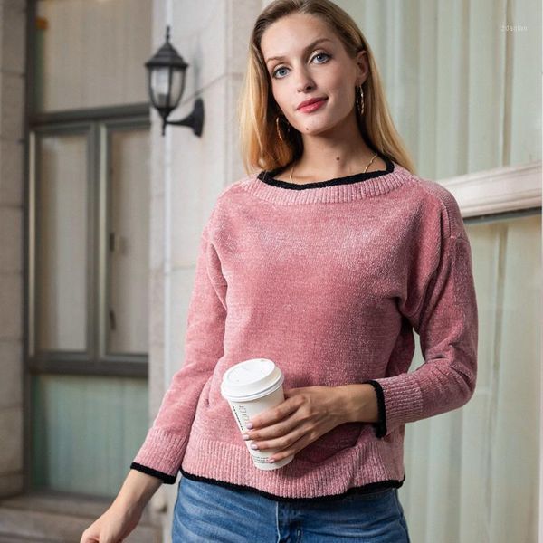 

autumn winter european and american round neck pink black edge casual versatile pullover knit sweater women women's sweaters, White;black
