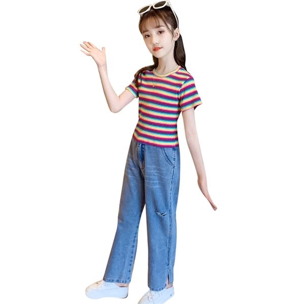 

clothes for girls rainbow tshirt + denim jeans clothing casual teenage summer costumes children 210528, White