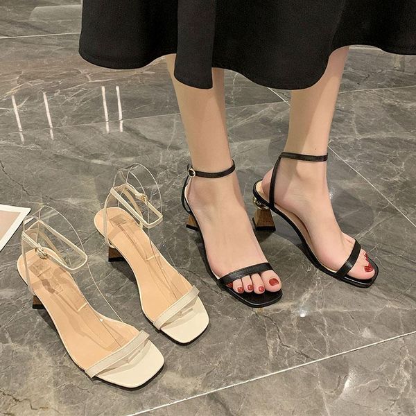

sandals stiletto heels fashion womens shoes 2021 buckle strap espadrilles platform suit female beige square toe luxury girls, Black