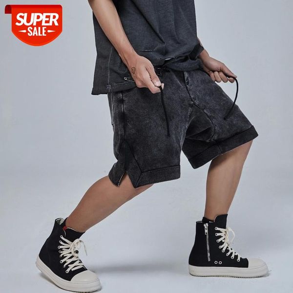

high street washed retro cargo shorts mens harajuku drawstring straigth oversize summer shorts loose hip hop knee length pants #0j6m, Black