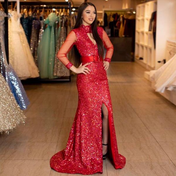 

party dresses red sequined prom full sleeves split formal gown vestido festa evening special occasion, White;black