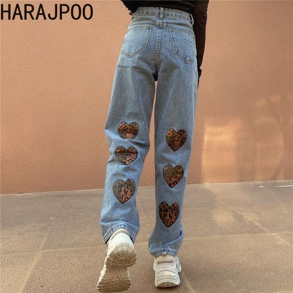 

women's jeans harajpoo women retro high-waisted leopard print love spring loose bf thin hundred with fashionable straight female pants, Blue