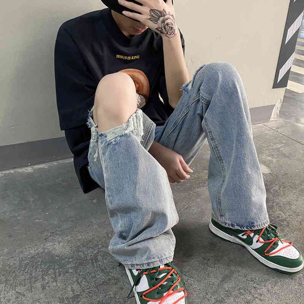 

men's jeans worn jeans, torn jeans with knee holes, western high street style, , chic mtcq, Blue