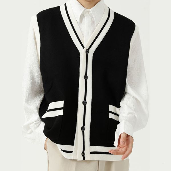 

men's vests autumn korean v-neck fashion knitted sweater male loose vintage sleeveless waistcoat men 78jq, Black;white