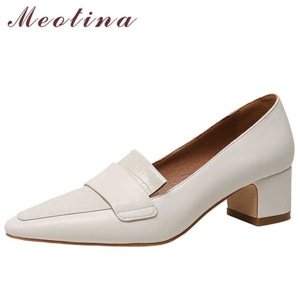 

meotina women shoes genuine leather high heels fashion pointed toe pumps dress chunky heel female footwear spring white size 40 210608, Black
