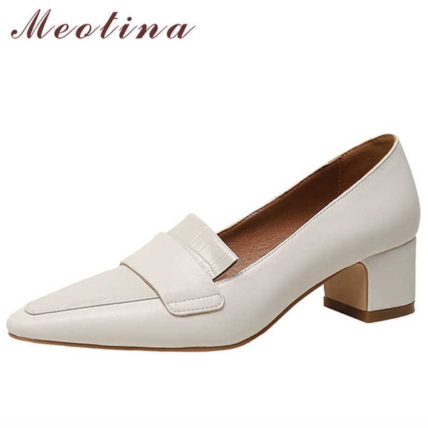 Meotina Frauen Schuhe Aus Echtem Leder High Heels Mode Spitz Pumpen Kleid Chunky Ferse Weibliche Schuhe Frühling Weiß Größe 40 210608