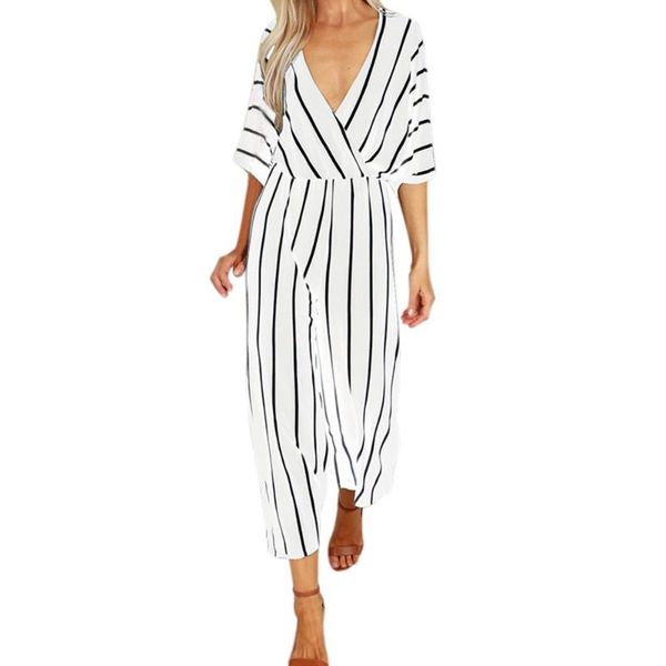 

women's jumpsuits & rompers stylishbar women summer loose holiday long playsuits trouser fashion v-neck 3/4 sleeve striped jumpsuit pla, Black;white