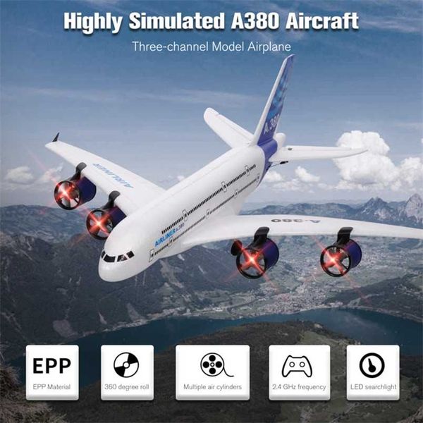 A380 2.4G RC Uçak Uçan Uçak Planör Ile LED Işık 3ch Acemi EPP Köpük Sabit Kanat Düzlemi için 211104