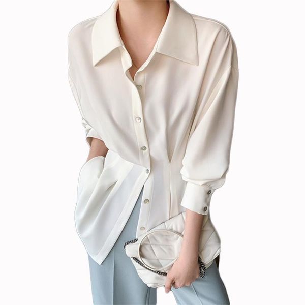 

women's blouses & shirts spring korean loose t shirt 2021 women chiffon long sleeve office lady solid turn-down collar plus size button, White