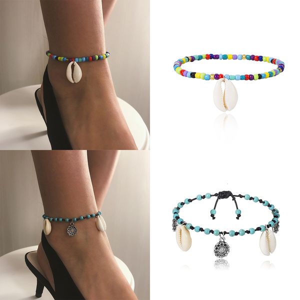 

jewelry elastic single layer adjustable foot ornament female bohemian shell colorful rice bead anklet, Silver