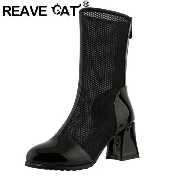 

boots reave cat 2021 women ankle round toe 6.5cm square heels patent leather mesh breathable zip stylish size 43 a3620, Black