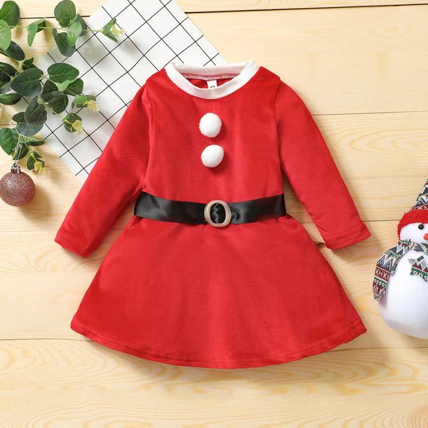 Kleinkind Mädchen Weihnachtskleid Langarm Pom Kleid Weihnachtsmann Cosplay Kleidung G1026