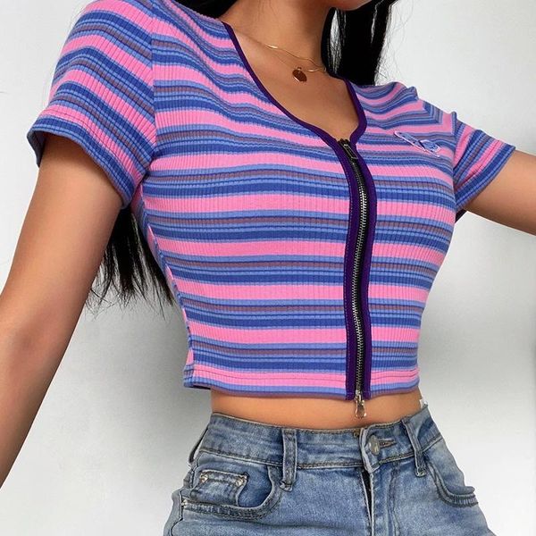 

women's tanks & camis 2021 women ladies purple exposed navel butterfly print contrast color double zipper cardigan vest short sleeve t-, White