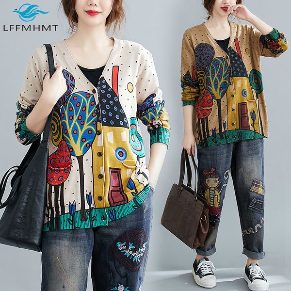 

2021 new spring fall women large size cartoon print knitted sweaters office lady v-neck vintage oversized casual cardigan knitwear ktgk, White;black
