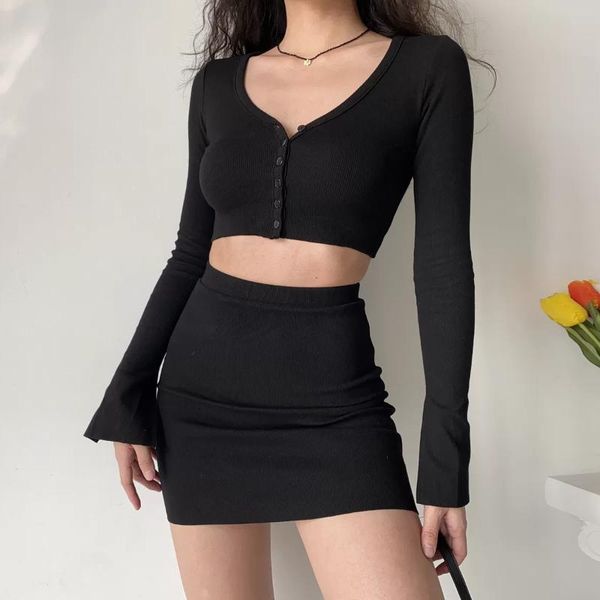 

two piece dress 2 set women skirt and long sleeve v neck button up ribbed crop + high waisted mini y2k basic suits aesthetic, White