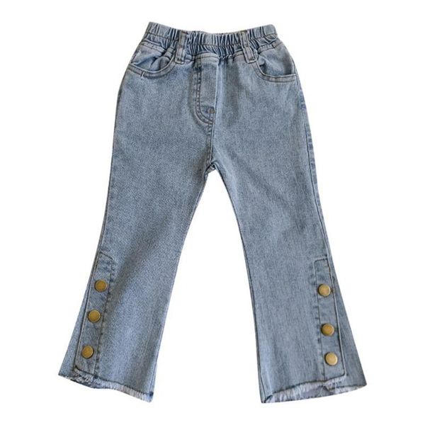 

girl's full length button decor washed blue flare jeans high elastic spring new design casual jeans trousers