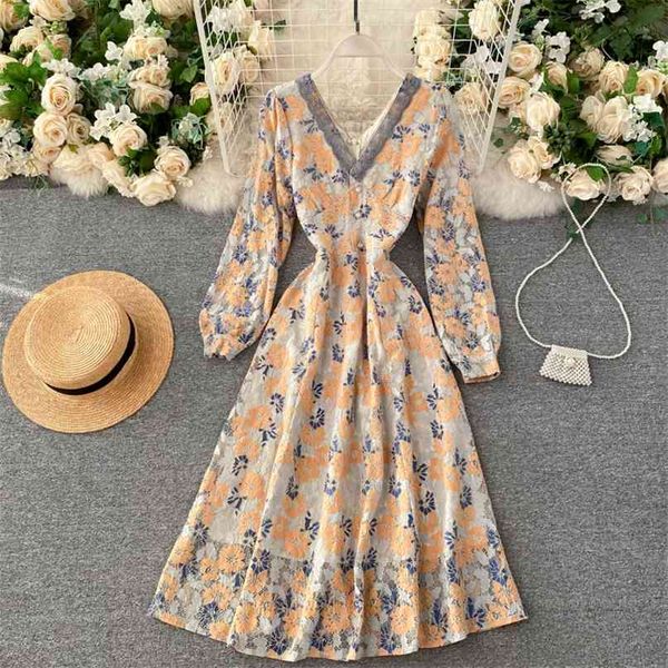 

lady fashion elegant v collar buckle high waist thin lace dress women autumn and winter long sleeve vestidos q119 210527, Black;gray