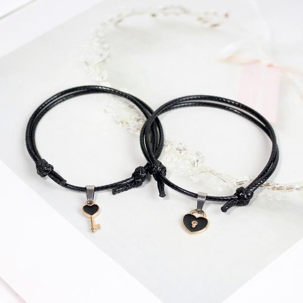 

link, chain simple fashion couple bracelet key love lock alloy hand jewelry wholesale hand-knitted rope, Black