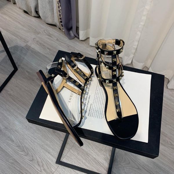 

sandals ladies classic studded gladiator genuine leather flat shoes black