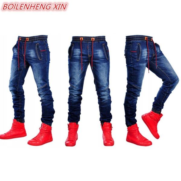 

england style men's fashion trends jeans denim trouers classic style patchwork pants elastic waistband jogging pencil pants, Blue